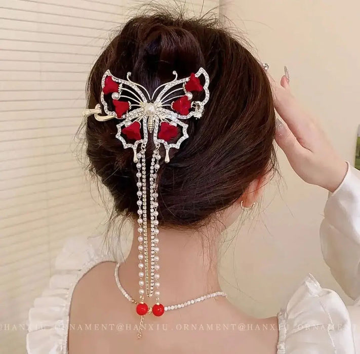 FENGY Red Rose Big Butterfly Hair Claw Clip