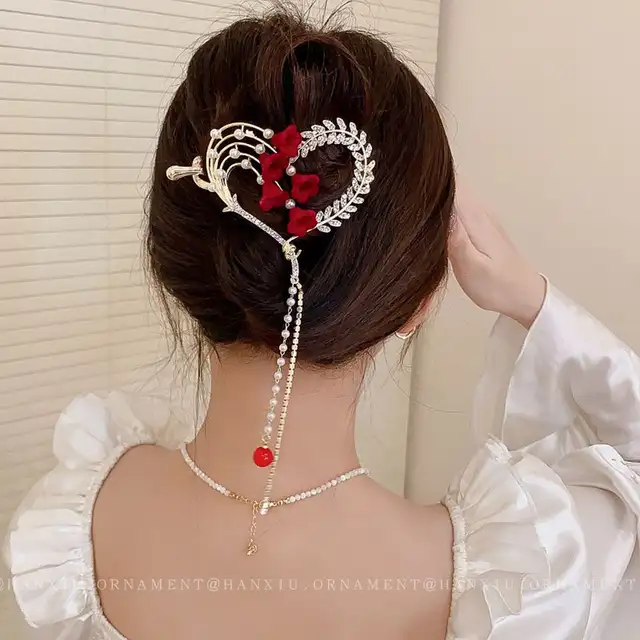 FENG.Y RED FLOWER HEART SHAPE  BANANA HAIR CLIP WITH PEARL & CHERRY BALL TASSEL