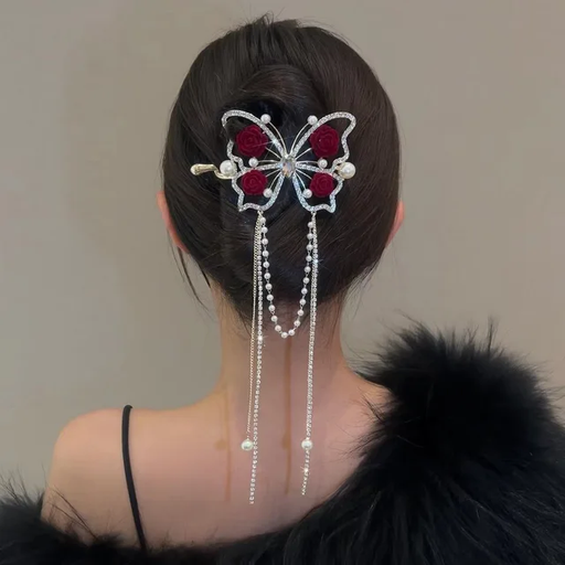 ZAYA Fashion Red Rose Butterfly Hair Claw Clip