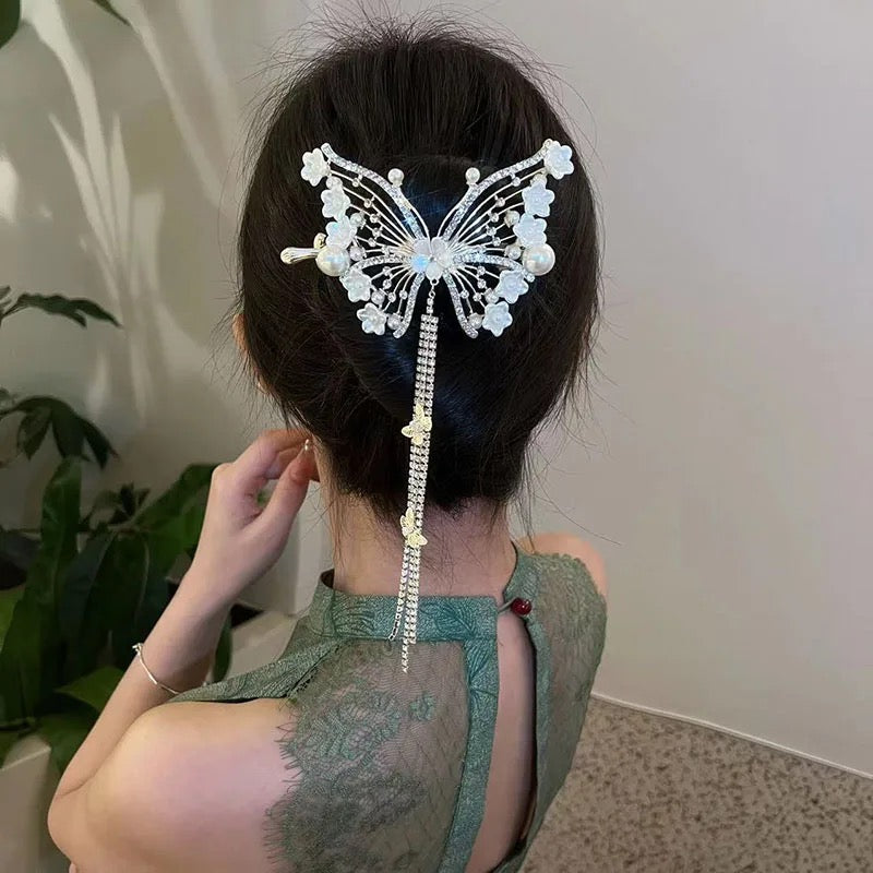 Bell Orchid Flower Butterfly Tassel Hairpin Exquisite Retro Back Head Clip