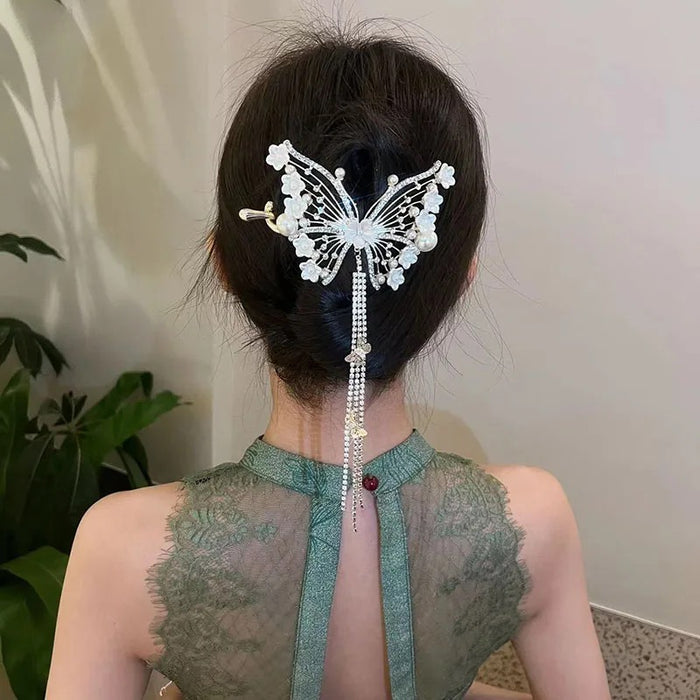 Bell Orchid Flower Butterfly Tassel Hairpin Exquisite Retro Back Head Clip